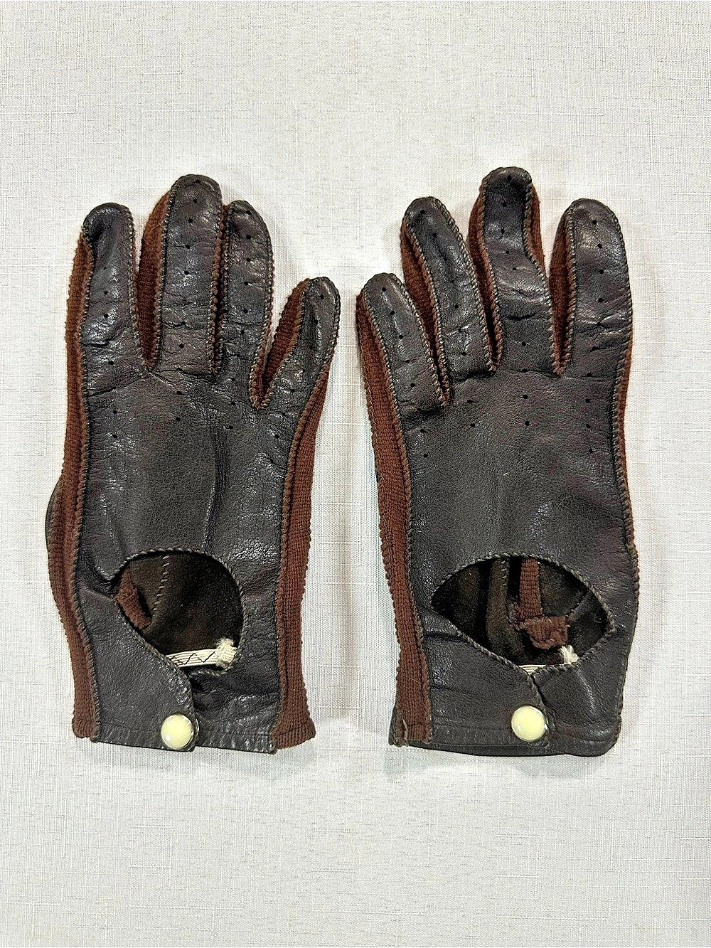 Vintage Leather Driving Gloves Dark Brown Perforated Leather Brown Trim